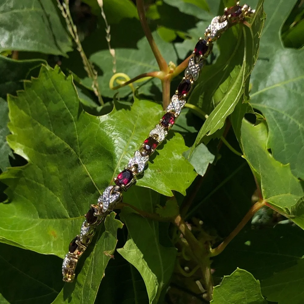 Sterling Natural Garnet Diamond Cut Crossover Vermeil Gold Tennis Bracelet - Picture 12 of 13